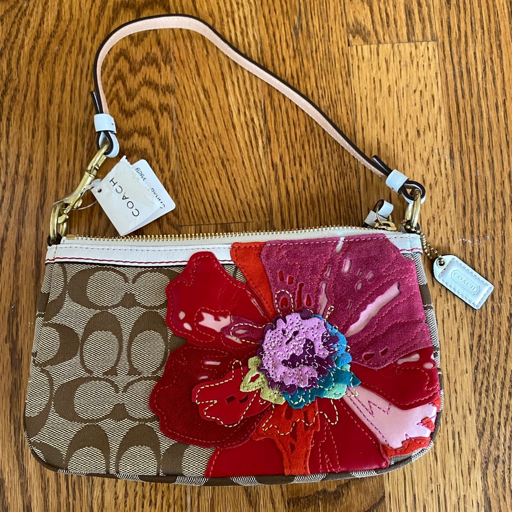 Coach 6264 Brown Signature Logo Poppy Red Floral Applique Baguette Handbag NEW!